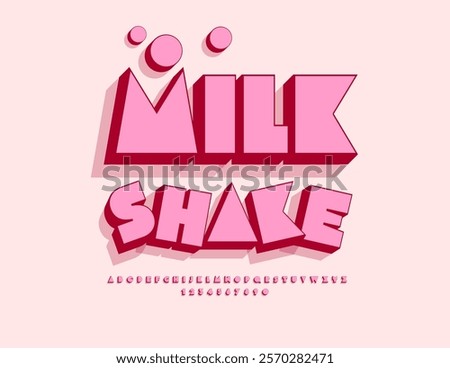 Vector artistic badge Milk Shake. Abstract style 3D Alphabet Letters and Numbers set. Pink Geometric Font.