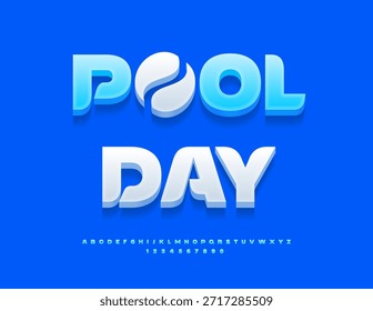 Vector Insignia artística Día de la piscina con emblema decorativo. Elegante fuente azul. Letras y Números Modernos del Alfabeto 3D