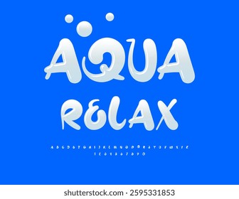 Vector Artistic banner Aqua Relax. Playful Glossy White Font. Joyful Unique Alphabet Letters and Numbers set