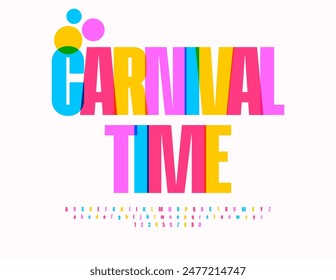 Vector Anuncio artístico Carnaval Time. Fuente creativa brillante. Conjunto de letras y números de alfabeto colorido.