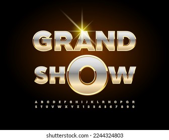 Vector artistic banner Grand Show.  Chic Stylish Font. Golden Alphabet Letters, Numbers and Symbols