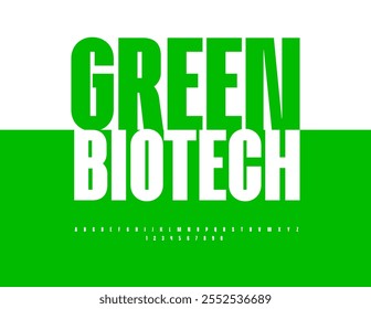 Vector artistic banner Green Biotech with Modern Font. Minimalistic style Alphabet Letters and Numbers set.