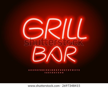 Vector Artistic banner Grill Bar. Unique Electric Font. Red Neon Alphabet Letters and Numbers set