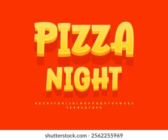 Vector artistic banner Pizza Night. Creative Yellow Font. Handwritten 3D Alphabet Letters and Numbers set.