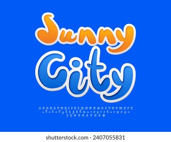 Vector artistic banner Sunny City. Blue sticker Font. Funny handwritten  Alphabet Letters and Numbers set.