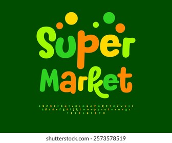 Vector Artistic banner Super Market. Creative Bright Font. Joyful Colorful Alphabet Letters and Numbers.