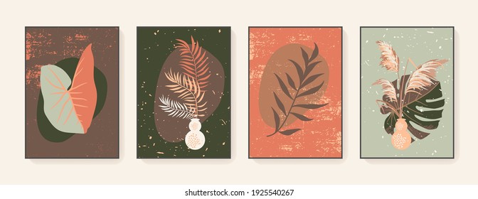 Vector artistic boho botanical interior design wall art. Abstract vases and plants home decor prints. Midcentury modernist aesthetics. Soft gentle muted neutral colors. Pampas grass wall art prints 