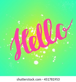 Vector artistic brush lettering composition. Gradient texture Greeting Hello.  Hand drawing ink brush illustration 