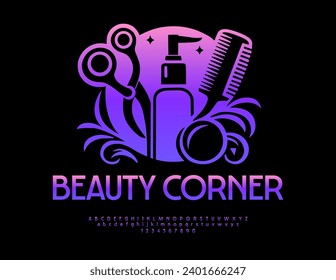 Tarjeta artística vectorial Beauty Corner con decoración Cosméticos. Fuente Glosada Moderna. Letras y números modernos y modernos.