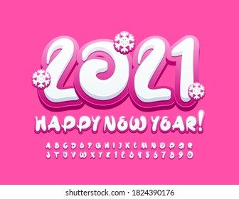 Vector Artistic Card Happy New Year 2021 With Snowflakes. Pink And White Creative Font. Kids Alphabet Letters And Numbers Set