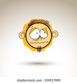 Vector artistic colorful drawing of depressed person face, communication and social network design element isolated on white. Allegory illustration, emotions and human temperament conceptual image.