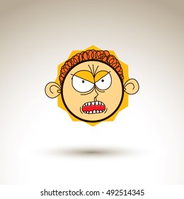 Vector artistic colorful drawing of furious person face, communication and social network design element isolated on white. Allegory illustration, emotions and human temperament conceptual image.