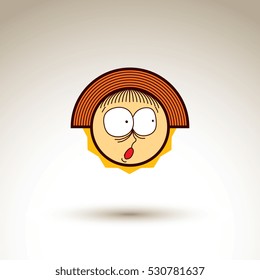 Vector artistic colorful drawing of girl with beautiful hairstyle, social network design element isolated on white. Childish illustration, emotions and human temperament concept.