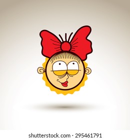 Vector artistic colorful drawing of happy girl with beautiful hairstyle, social network design element isolated on white. Childish illustration, emotions and human temperament concept.