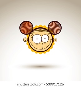 Vector artistic colorful drawing of happy smiling girl with beautiful hairstyle, social network design element isolated on white. Childish illustration, emotions and human temperament concept.