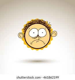 Vector artistic colorful drawing of sad person face, communication and social network design element isolated on white. Allegory illustration, emotions and human temperament conceptual image.