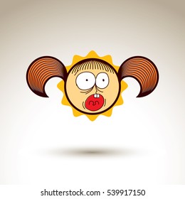 Vector artistic colorful drawing of shouting girl with beautiful hairstyle, social network design element isolated on white. Childish illustration, emotions and human temperament concept.