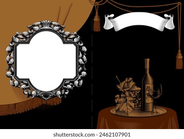 A vector artistic cover menu template with a retro signboard in a decorative frame, a bottle, a glass of wine and a bunch of grapes on a round tray and a curtain in vintage engraved style