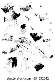 Vector artistic design elements in grunge dust messy dirty style. Texture dynamic overlay. Abstract shapes with different pressure, textile pattern for printing. Rubber dry hand made stamps 