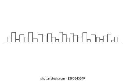 Vector artistic drawing and illustration of generic city buildings on horizon, simple cityscape. Long horizontal design element.