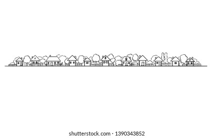 Vector artistic drawing and illustration of generic village or countryside buildings and gardens with trees in European style. Long horizontal design element.