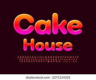 Vector artistic Emblem Cake House. Sweet Glossy Font. Creative Alphabet Letters and Numbers set.