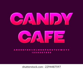 Vector artistic emblem Candy Cafe. Glossy Pink Font. Sweet Alphabet Letters, Numbers and Symbols set