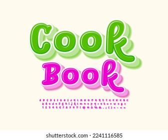 Vektorkünstlerisches Emblem Cook Buch. Violet handgeschriebene 3D-Schriftart. Funny bright Alphabet Letters, Numbers und Symbole