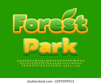 Vector artistic emblem Forest Park with Decorative Leaf. Bright Creative Font. Modern Alphabet Letters and Numbers set