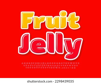Vector artístico Emblem Fruit Jelly. Fuente Glossy Roja. Letras y números de alfabeto modernos y brillantes