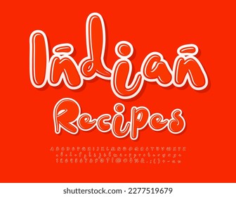 Emblema artístico vectorial Recetas indias con letra manuscrita roja. Juego de letras, números y símbolos de alfabetos creativos