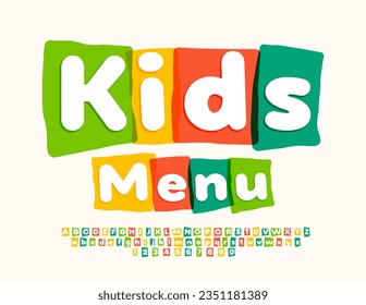 Vector artistic emblem Kids Menu. Watercolor Alphabet Letters and Numbers set. Bright creative Font