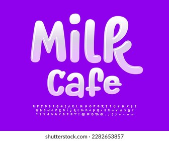 Vector artistic emblem Milk Cafe. Glossy creative Font. Playful style Alphabet Letters and Numbers