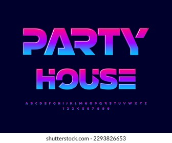 Vector artistic emblem Party House. Trendy Creative Font. Bright Alphabet Letters and Numbers set