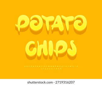 Vetor emblema Artístico Batata Chips. Fonte 3D criativa brincalhão. Conjunto exclusivo de letras e números do alfabeto amarelo.
