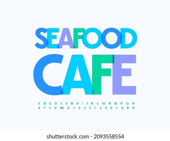 Vector artistic emblem Seafood Cafe with creative Alphabet Letters and Numbers set. Watercolor bright Font