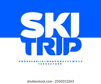 Vector artistic Emblem Ski Trip. Trendy Blue Font. Minimalistic style Alphabet Letters and Numbers set