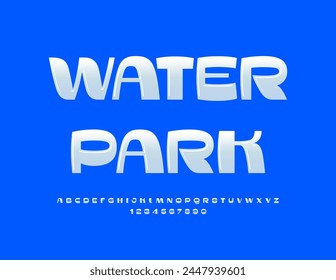 Vector artistic emblem Water Park. Elegant White Font. Trendy glossy Alphabet Letters and Numbers set.