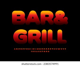 Vector artístico flyer Bar and Grill.  Fuente de fuego creativa. Letras y números únicos de alfabeto.