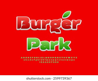 Vector Artistic flyer Burger Park. Fashion Green Font. Trendy Elegant Alphabet Letters and Numbers set.