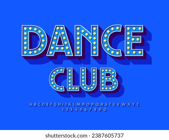 Vector artistic flyer Dance Club. Blue lamp Font. 3D light bulb Alphabet Letters, Numbers and Symbols.