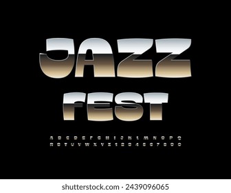 Vector artistic flyer Jazz Fest. Unique Silver Font. Reflective Metallic Alphabet Letters and Numbers.