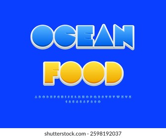Vector Artistic flyer Ocean Food for Cafe, Market and Shop. Big Geometric Font. Creative Uppercase Alphabet Letters and Numbers.