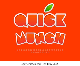 Vector artistic flyer Quick Munch. Red Sticker style Font. Bright Uppercase Alphabet Letter and Numbers set.