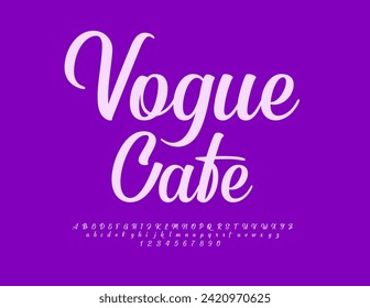 Vector artistic flyer Vogue Cafe. Beautiful Cursive Font. Trendy Stylish set of Alphabet Letters, Number and Symbols.