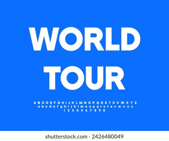 Volante artístico vectorial World Tour. Fuente blanca exclusiva. Letras y números del alfabeto moderno.