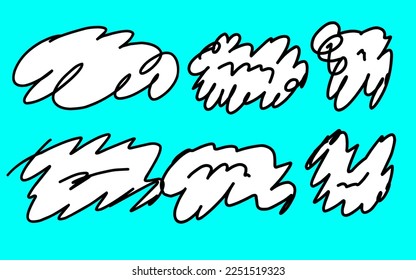 Vector artistic freehand drawing of white clouds isolated on blue background.