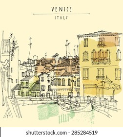 Vector artistic freehand illustration postcard with a touristic city view of Canareggio, Venice, Italy, Europe with gondola in retro colors. Vintage postcard greeting card graphic design template.