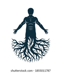 Vector artistic graphic illustration of muscular human, self. Strong roots as symbol of personality growth and development.