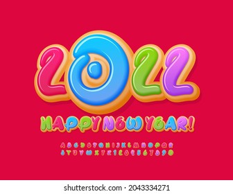 Vector artistic Greeting Card Happy New Year 2022! Colorful Donut Alphabet Letters and Numbers set. Delicious creative Font